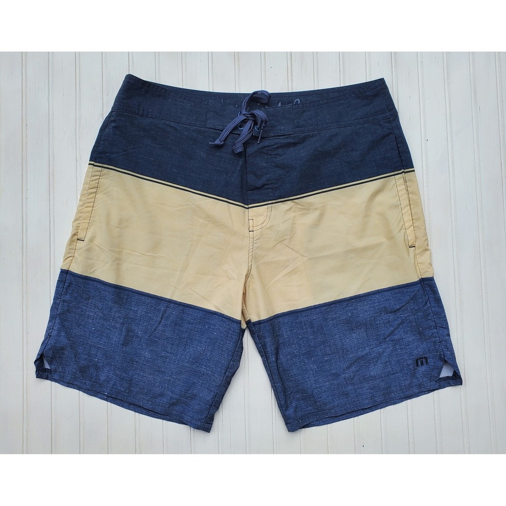 Travis Mathew Mens Navy Tan Color Block Board Shorts Swim Trunks Size 32